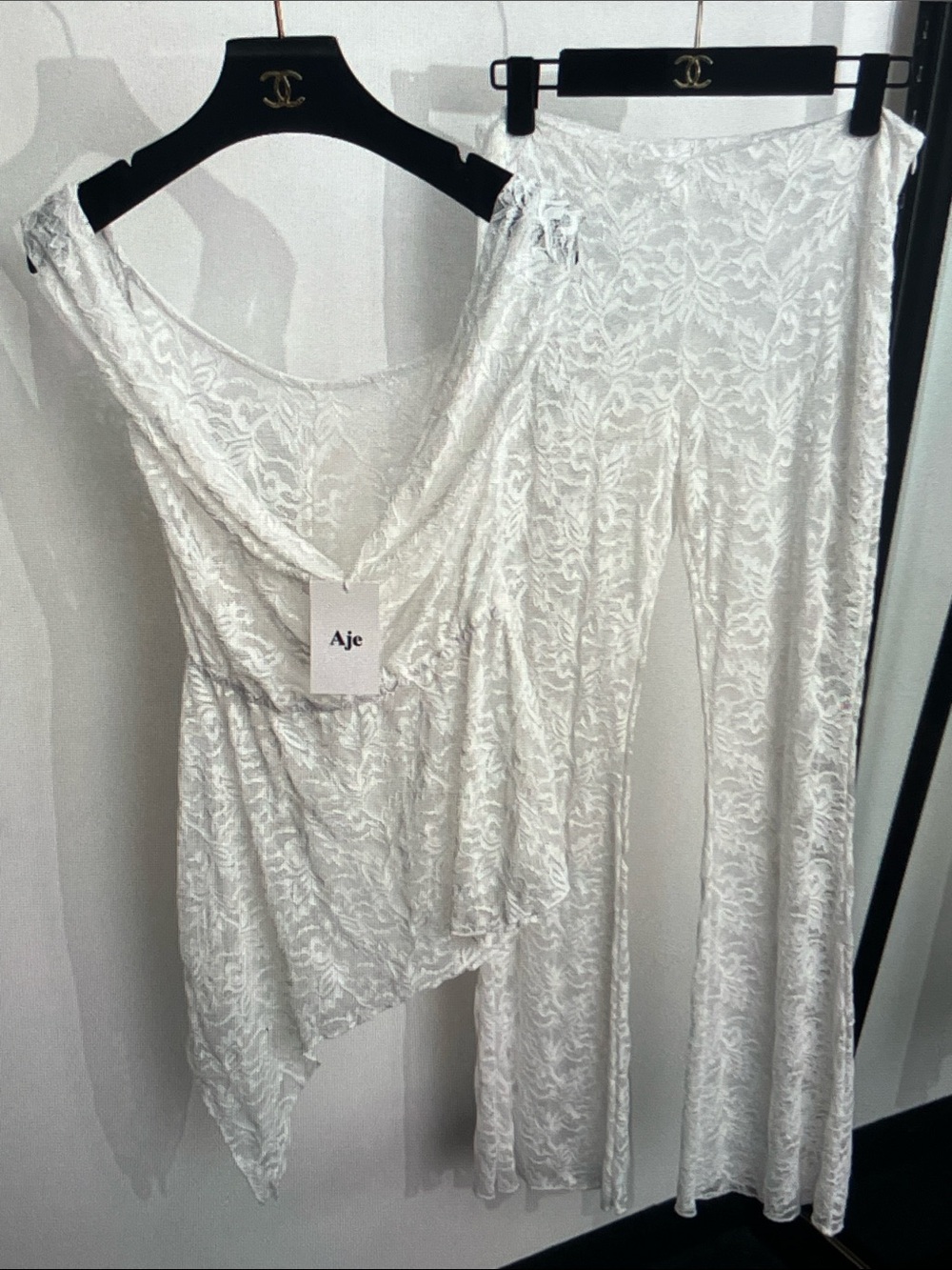 Aje White Lace Asymmetric Camisole Top Set